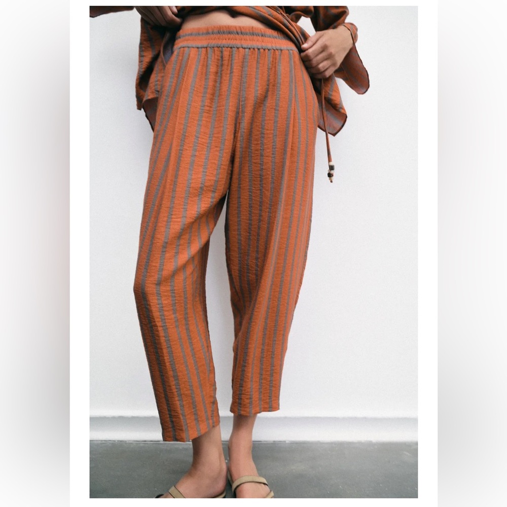 Zara Orange and Gray Striped Cropped Pants